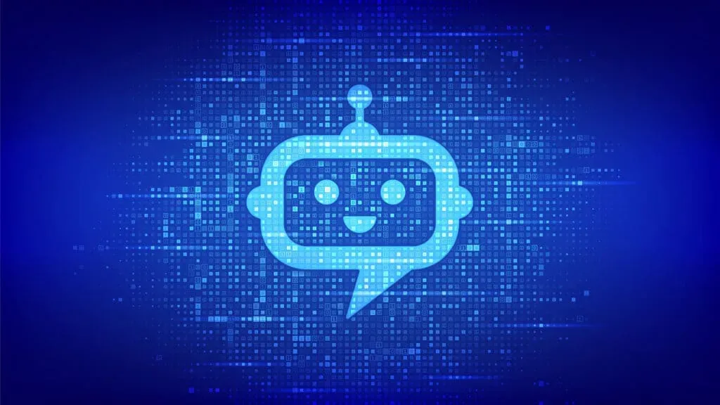 Robot chatbot head icon sign made with binary code. Chatbot assistant application. AI concept. Digital binary data and streaming digital code. Matrix background with digits 1.0. Vector Illustration
