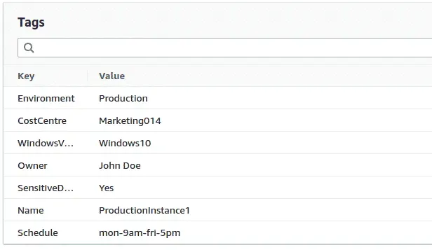 Examples of AWS tags