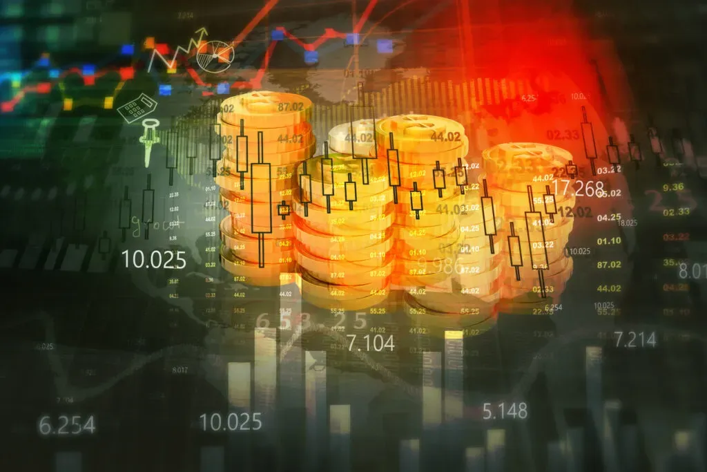 Abstract graphic of graphs and numbers with piles of coins