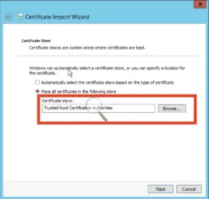 Select certificate import location
