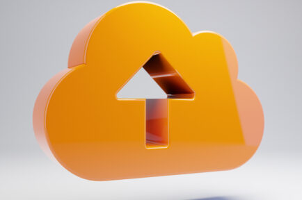 Volumetric glossy hot orange Cloud Upload icon depicting AWS Server Migration Service