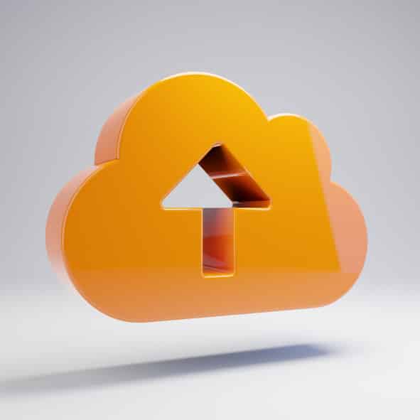 Volumetric glossy hot orange Cloud Upload icon isolated on white background.