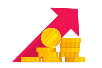 Money growth vector illustration, flat golden coins pile with revenue graph, concept of income increase or earnings, financial boost chart, success capital investment, cash budget isolated