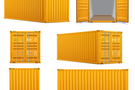 Realistic set of bright yellow cargo containers. Front, side back and perspective view.