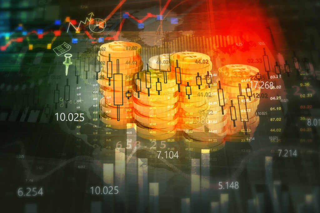 Abstract graphic of graphs and numbers with piles of coins