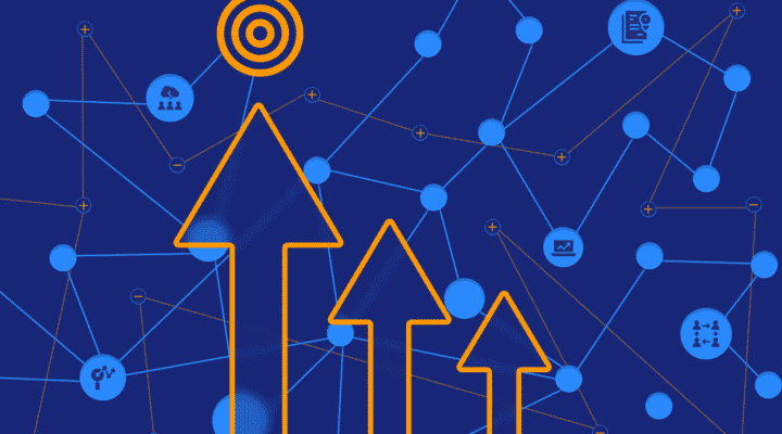 Graphic of orange arrows on blue background depicting the value of an AWS MSP.