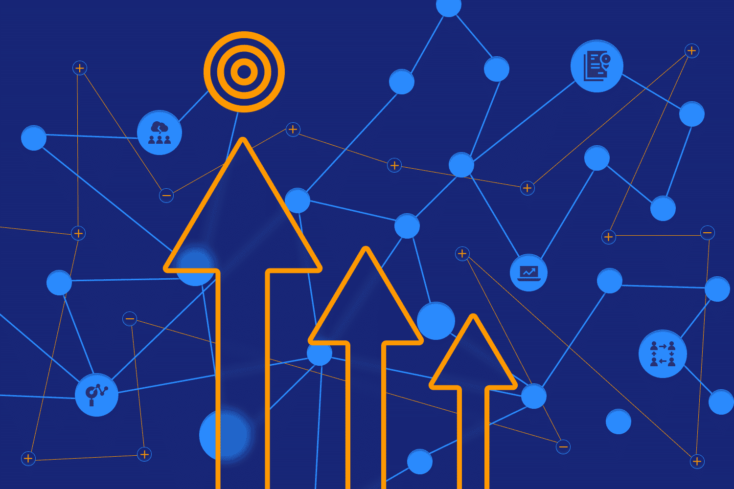 Graphic of three orange arrows of varying lengths on blue background